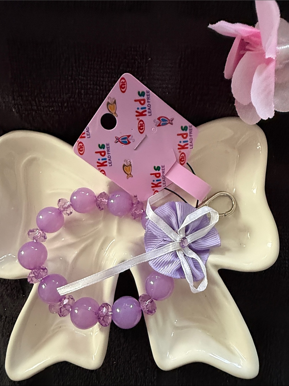 Kids Lavender Beaded Bracelet with Ribbon Flower -